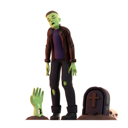Frankenstein Zombie debout avec pierre tombale  3D Illustration