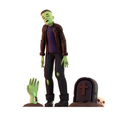 Frankenstein Zombie debout avec pierre tombale  3D Illustration