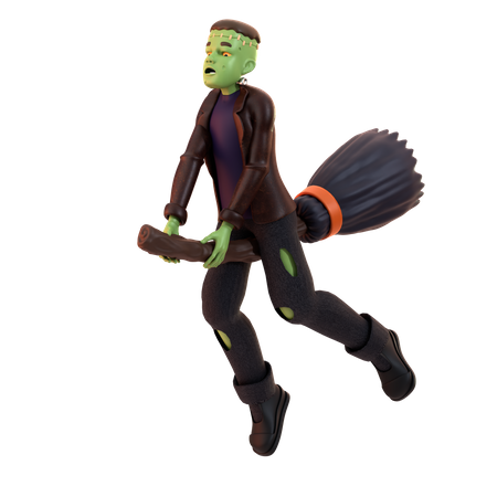 Frankenstein Zombie flying on broom stick  3D Illustration