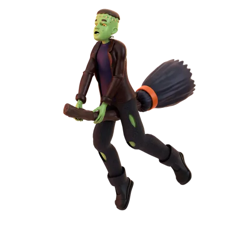 Frankenstein Zombie flying on broom stick  3D Illustration