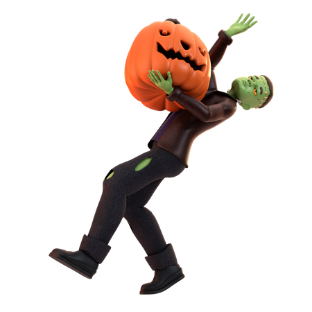 Frankenstein Zombie holding pumpkin  3D Illustration