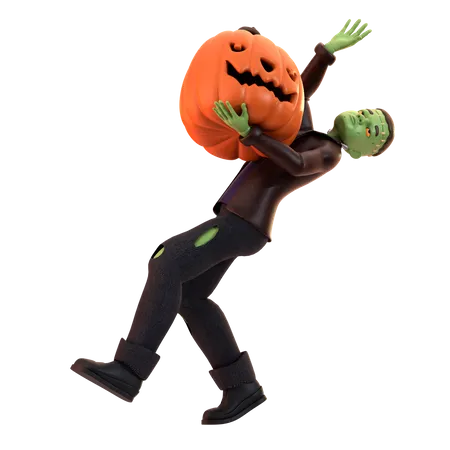 Frankenstein Zombie holding pumpkin  3D Illustration