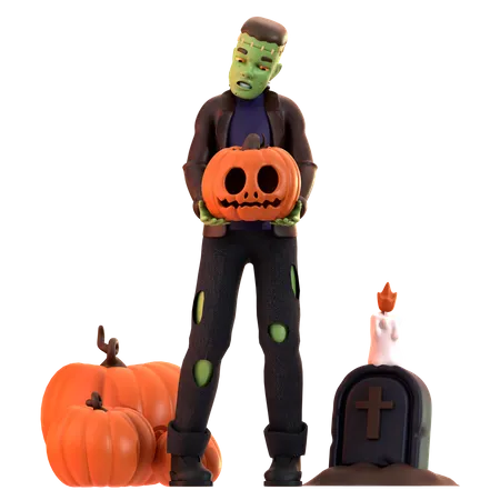 Frankenstein Zombie holding pumpkin  3D Illustration