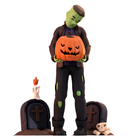 Frankenstein Zombie holding pumpkin  3D Illustration