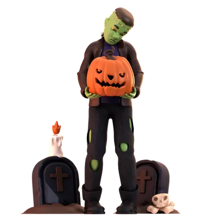 Frankenstein Zombie holding pumpkin  3D Illustration