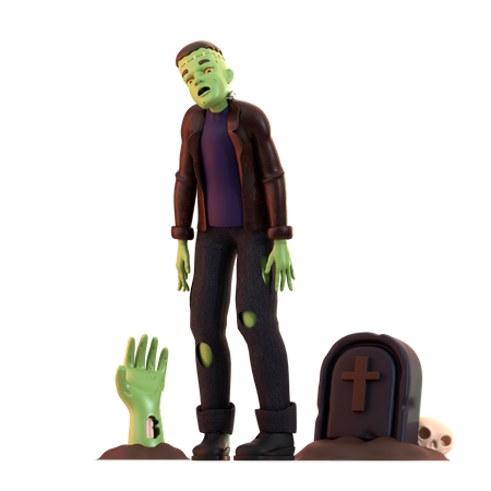 Frankenstein Zombie standing with gravestone  3D Icon
