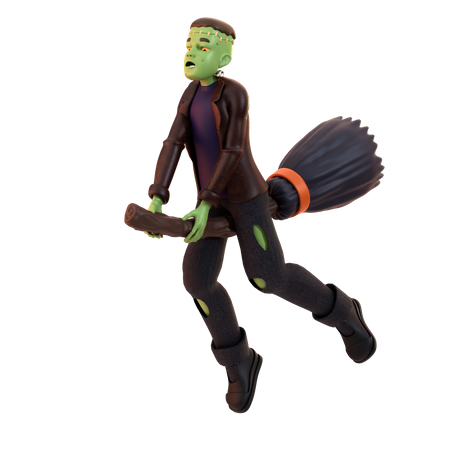 Frankenstein Zombie volant sur un manche à balai  3D Illustration