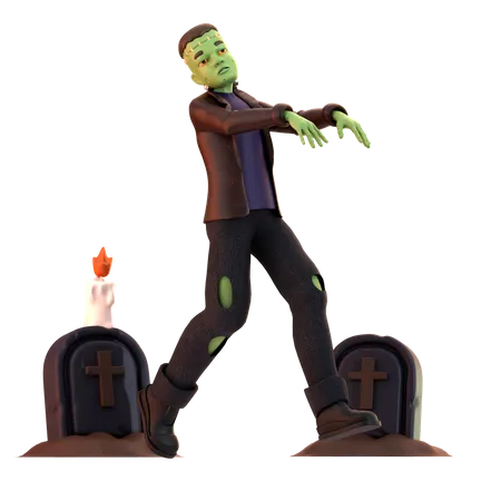 Frankenstein Zombie with grave stone  3D Illustration