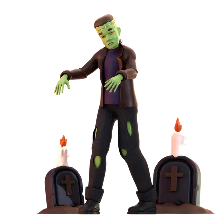 Frankenstein Zombie with grave stone  3D Illustration
