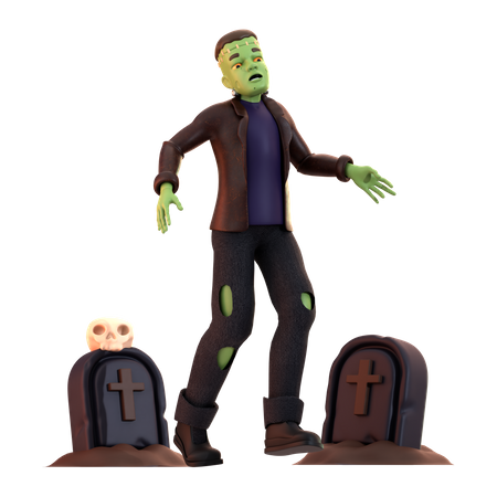 Frankenstein Zombie with gravestone  3D Illustration