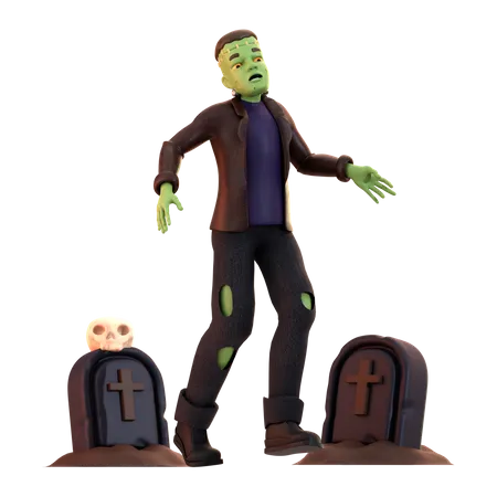 Frankenstein Zombie with gravestone  3D Illustration