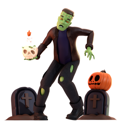 Frankenstein Zombie with pumpkin  3D Illustration