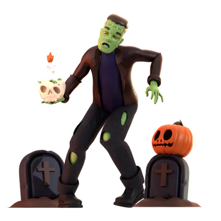 Frankenstein Zombie with pumpkin  3D Illustration