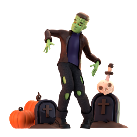 Frankenstein Zombie with skull  3D Illustration