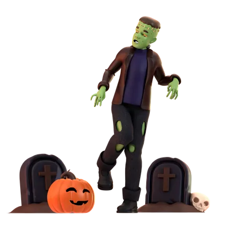 Frankenstein Zombie with skull  3D Illustration