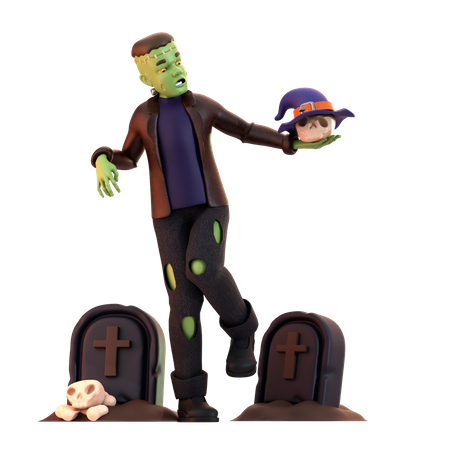 Frankenstein Zombie with witch hat  3D Illustration