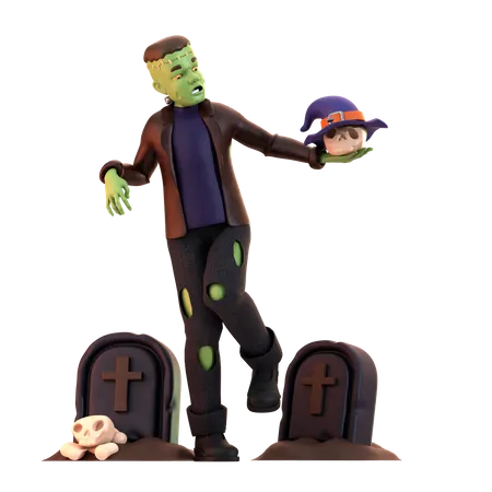 Frankenstein Zombie with witch hat  3D Illustration