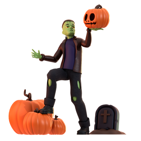 Zumbi Frankenstein carregando abóbora  3D Illustration