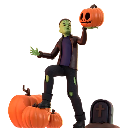 Zumbi Frankenstein carregando abóbora  3D Illustration
