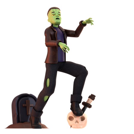 Zumbi Frankenstein com caveira  3D Illustration