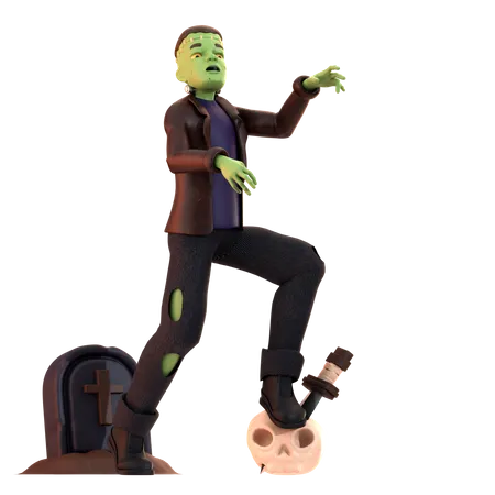 Zumbi Frankenstein com caveira  3D Illustration