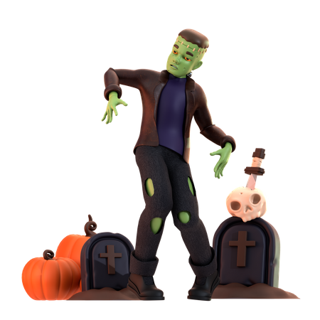 Zumbi Frankenstein com caveira  3D Illustration