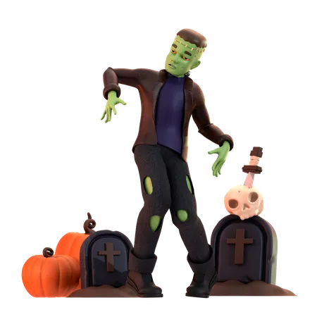 Zumbi Frankenstein com caveira  3D Illustration