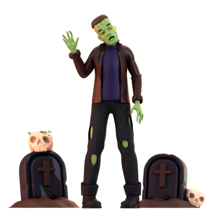 Zumbi Frankenstein com caveira  3D Illustration