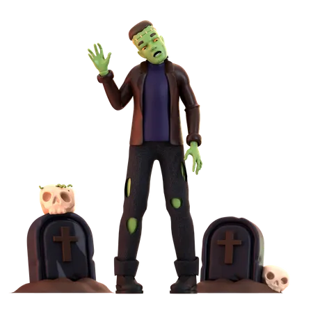 Zumbi Frankenstein com caveira  3D Illustration