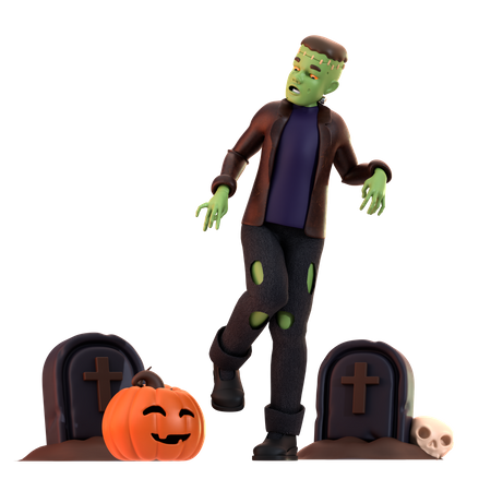 Zumbi Frankenstein com caveira  3D Illustration