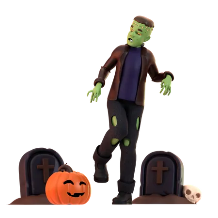 Zumbi Frankenstein com caveira  3D Illustration