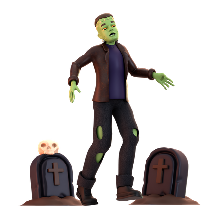 Zumbi Frankenstein com lápide  3D Illustration