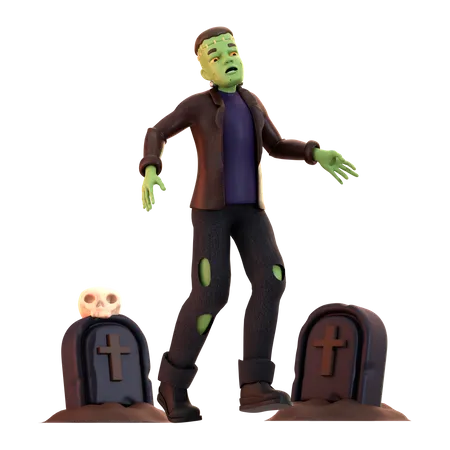 Zumbi Frankenstein com lápide  3D Illustration