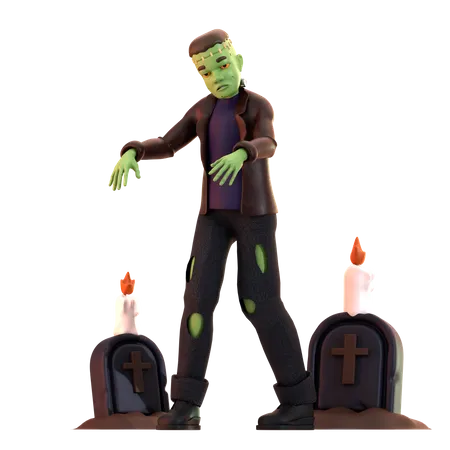 Zumbi Frankenstein com lápide  3D Illustration