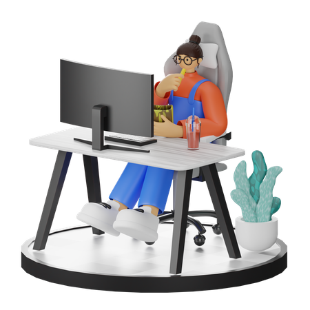 Frau arbeitet am Computer und isst einen Snack  3D Illustration