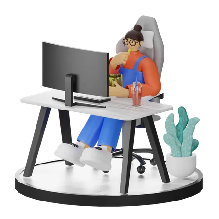 Frau arbeitet am Computer und isst einen Snack  3D Illustration