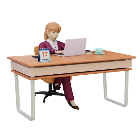 Frau arbeitet am Laptop  3D Illustration