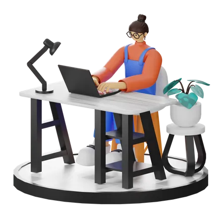 Frau arbeitet am Laptop  3D Illustration