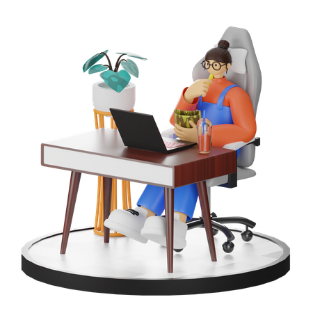 Frau arbeitet am Laptop und isst einen Snack  3D Illustration