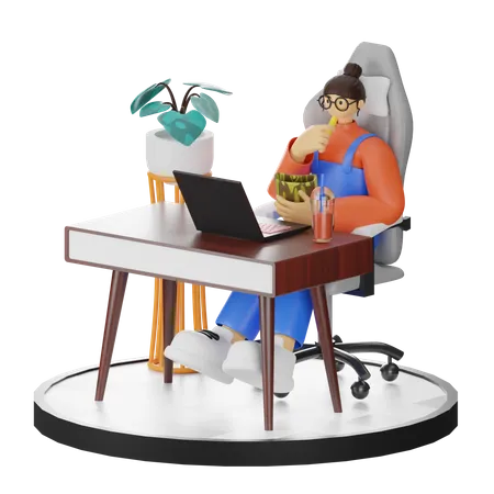 Frau arbeitet am Laptop und isst einen Snack  3D Illustration