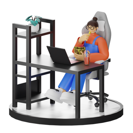 Frau arbeitet am Laptop und isst einen Snack  3D Illustration