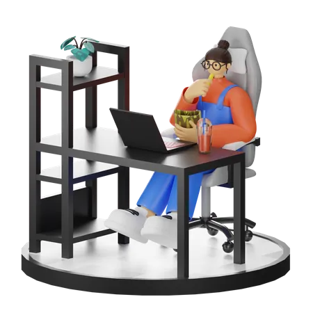 Frau arbeitet am Laptop und isst einen Snack  3D Illustration