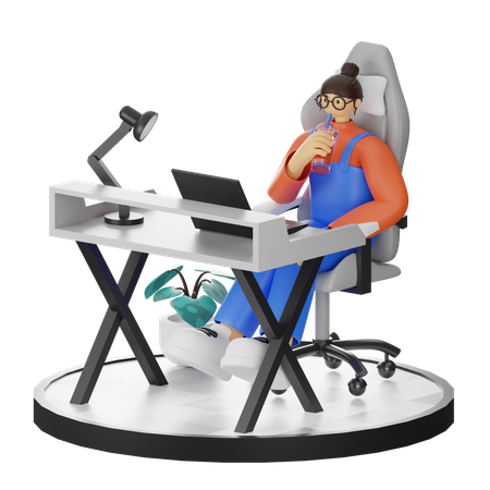 Frau arbeitet am Laptop und trinkt Kaffee  3D Illustration