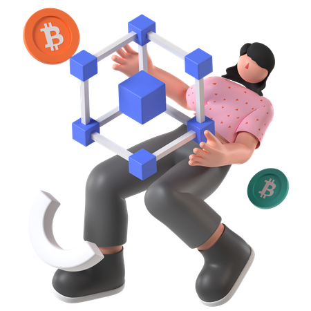 Frau arbeitet an Blockchain-Technologie  3D Illustration