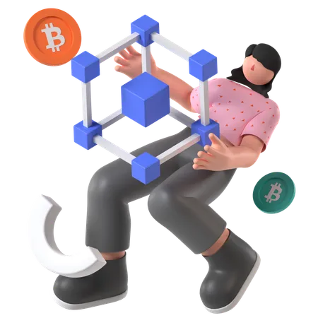 Frau arbeitet an Blockchain-Technologie  3D Illustration