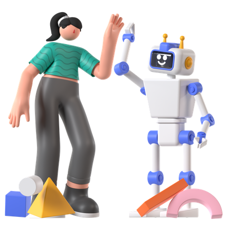 Frau arbeitet mit KI-Roboter  3D Illustration