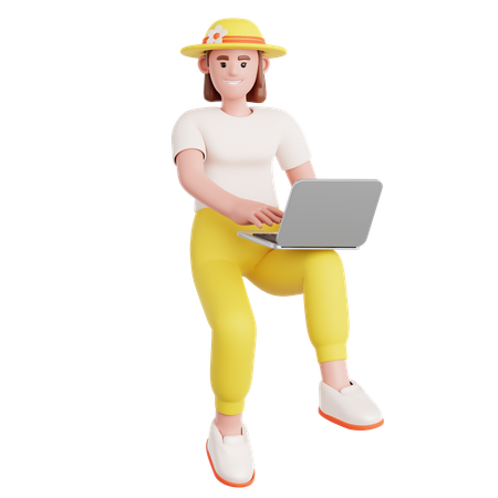 Frau arbeitet mit Laptop im Flug  3D Illustration