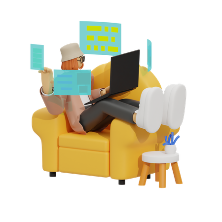 Frau arbeitet vom Sofa aus  3D Illustration