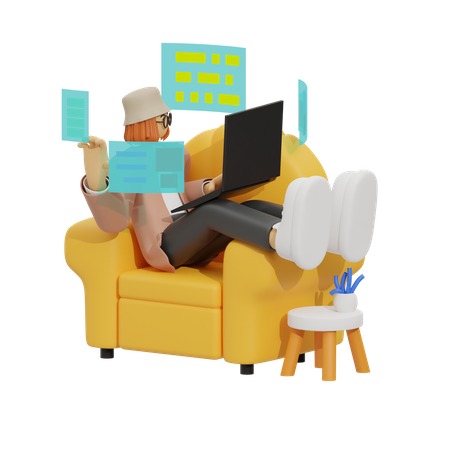 Frau arbeitet vom Sofa aus  3D Icon
