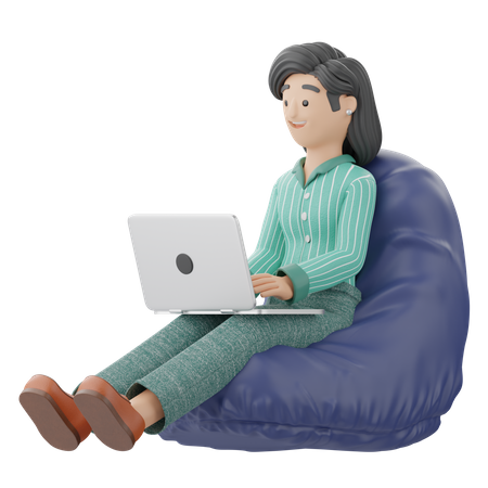 Frau sitzt auf einem Sitzsack und arbeitet  3D Illustration